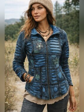 Handmade in Nepal Women's Blue Distressed Zip-Up Jacket Denim Blue Cotton